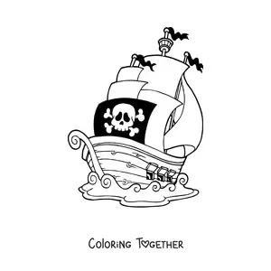 Coloring page of a pirate ship at sea