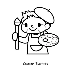 Coloring page of an easy kawaii painter