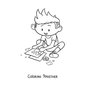 Coloring page of a boy painting on sheets of paper