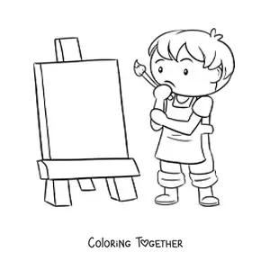 Coloring page of a boy painter in front of a blank canvas