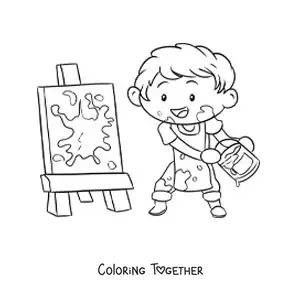 Coloring page of a boy painter painting an abstract picture