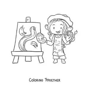 Coloring page of a girl painter painting an abstract picture