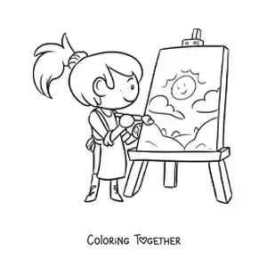 Coloring page of an artist girl painting on a canvas