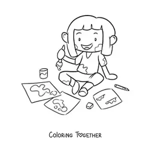 Coloring page of a girl painting on sheets of paper