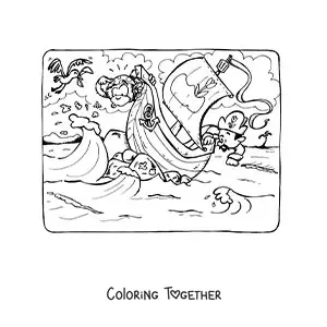 Coloring page of a pirate ship at sea crashing through the waves