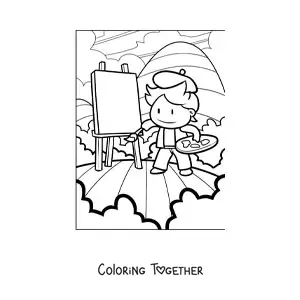 Coloring page of a cartoon painter creating a work of art