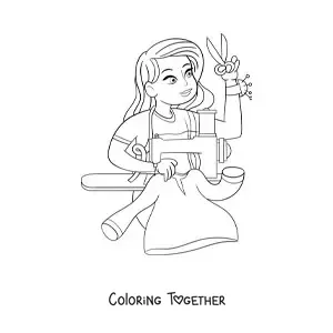 Coloring page of a dressmaker and seamstress with a sewing machine