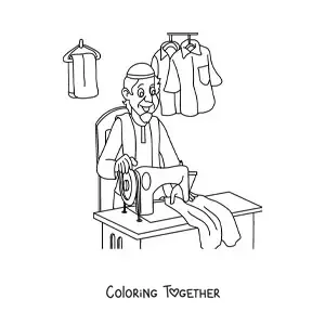 Coloring page of a male dressmaker with a sewing machine