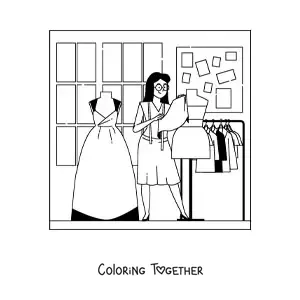 Coloring page of a fashion designer with a mannequin