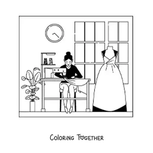 Coloring page of a fashion designer and seamstress with a sewing machine