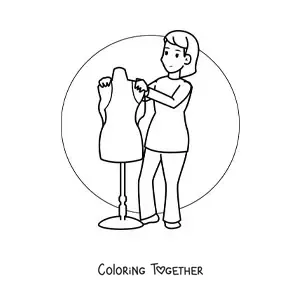 Coloring page of a woman dressmaker with a mannequin
