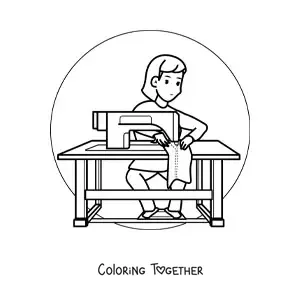 Coloring page of a woman dressmaker with a sewing machine