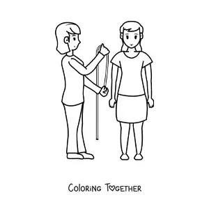 Coloring page of a woman dressmaker taking the client's measurements