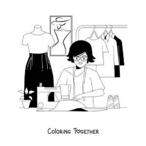 Coloring page of a fashion designer sewing on a sewing machine next to a mannequin