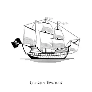 Coloring page of a pirate ship at sea