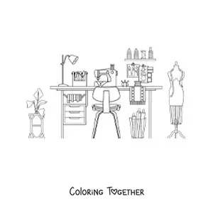 Coloring page of a dressmaker's workshop and her tools