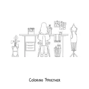 Coloring page of a woman who works as a dressmaker in her sewing workshop