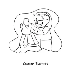 Coloring page of a cartoon fashion designer with a dress on a mannequin