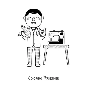 Coloring page of a tailor with a measuring tape and a sewing machine