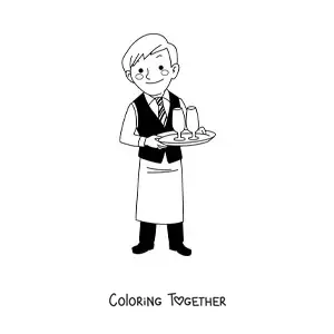 Coloring page of a waiter at a restaurant