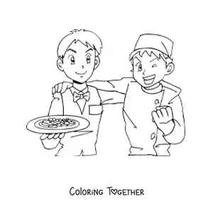 Coloring page of an anime style waiter and chef at a restaurant