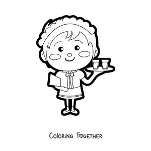 Coloring page of a kawaii waitress