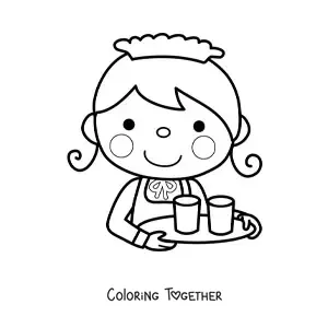 Coloring page of a kawaii waitress carrying a tray with glasses