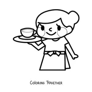 Coloring page of an easy kawaii waitress