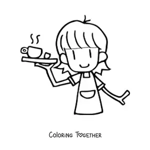 Coloring page of a cartoon of a cafe waitress