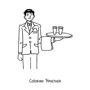 Coloring page of a cartoon waiter carrying a tray with glasses