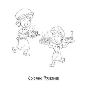 Coloring page of a cartoon of restaurant waiters working