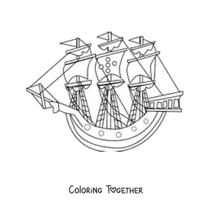 Coloring page of a boat with several sails