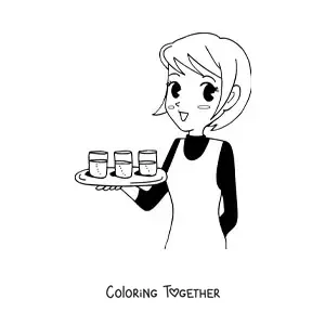 Coloring page of an anime style restaurant waitress