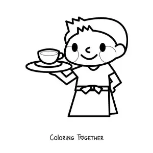 Coloring page of an easy kawaii waiter
