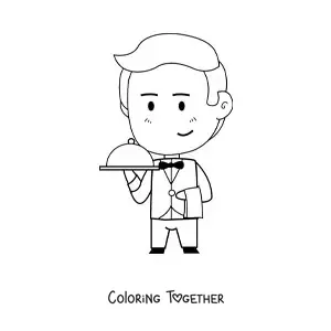 Coloring page of a kawaii cartoon waiter