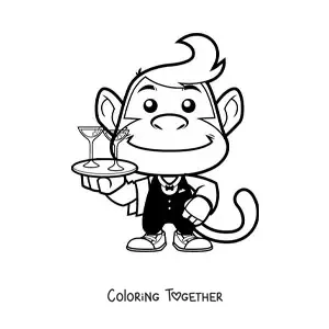 Coloring page of a cartoon monkey working as a waiter
