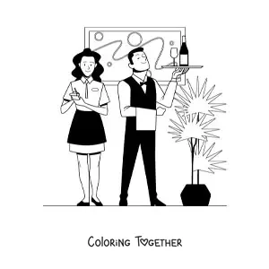 Coloring page of a waitress and waiter at a restaurant