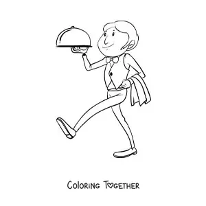 Coloring page of a waiter carrying a tray at a restaurant