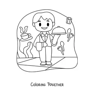 Coloring page of a cartoon waiter carrying a tray at a restaurant