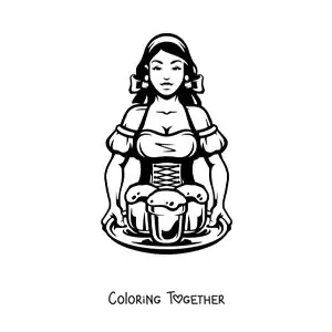 Coloring page of a waitress at a medieval tavern