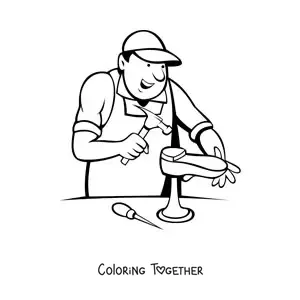 Coloring page of a cartoon shoemaker making footwear