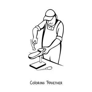 Coloring page of a cartoon shoemaker making a shoe