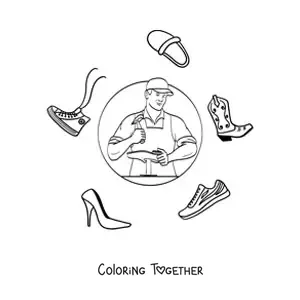 Coloring page of a shoemaker working on a shoe