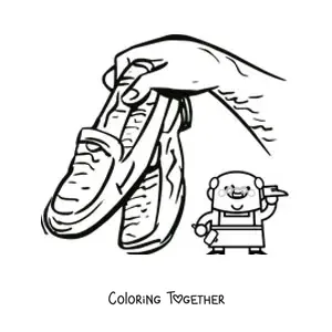 Coloring page of a cartoon artisan shoemaker with a pair of shoes