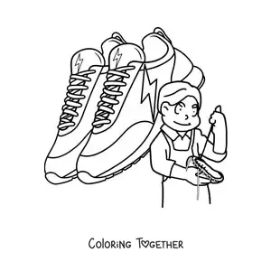Coloring page of a cartoon man working as a shoemaker with a pair of shoes