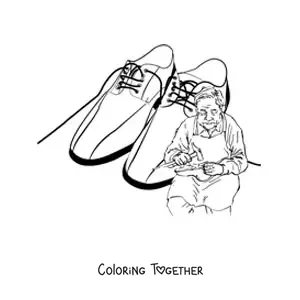 Coloring page of a realistic shoemaker with a pair of shoes