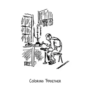 Coloring page of a shoemaker working in his workshop