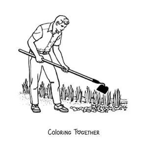 Coloring page of a landscaper working in a garden