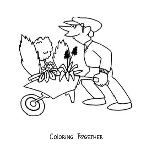 Coloring page of a cartoon of a gardener