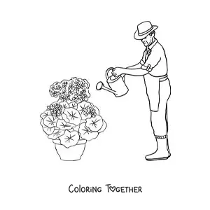 Coloring page of a gardener with a hat watering the plants
